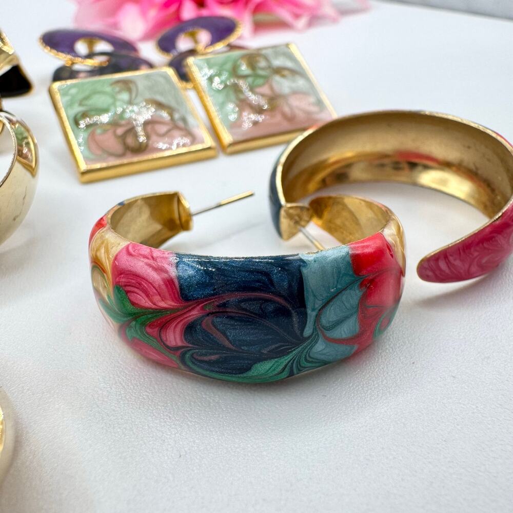 Vintage Swirled Enamel Metal Pierced Stud Earring Lot Costume Jewelry 10 Pair - Picture 7 of 8
